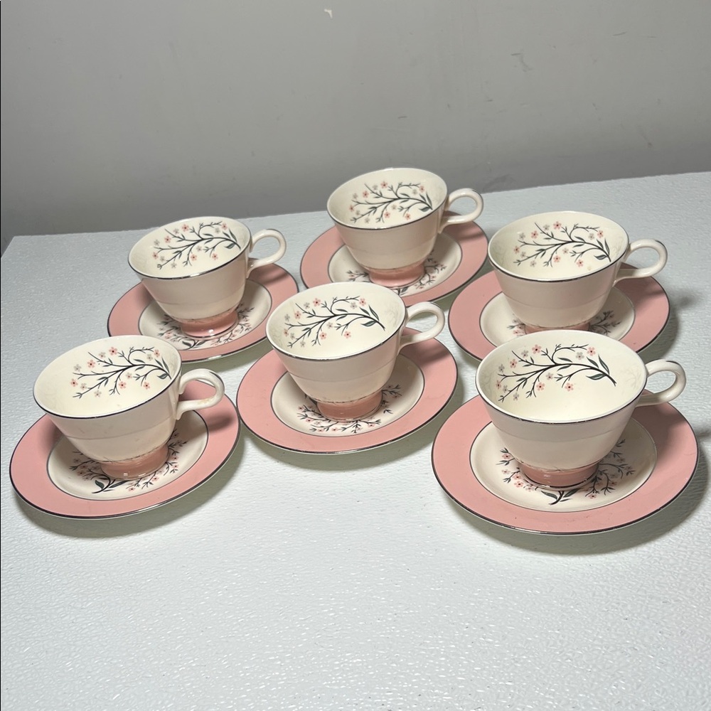 Vintage 1956 "Springtime" Homer Laughlin Cavalier Eggshell Cup/Saucer 6 Sets